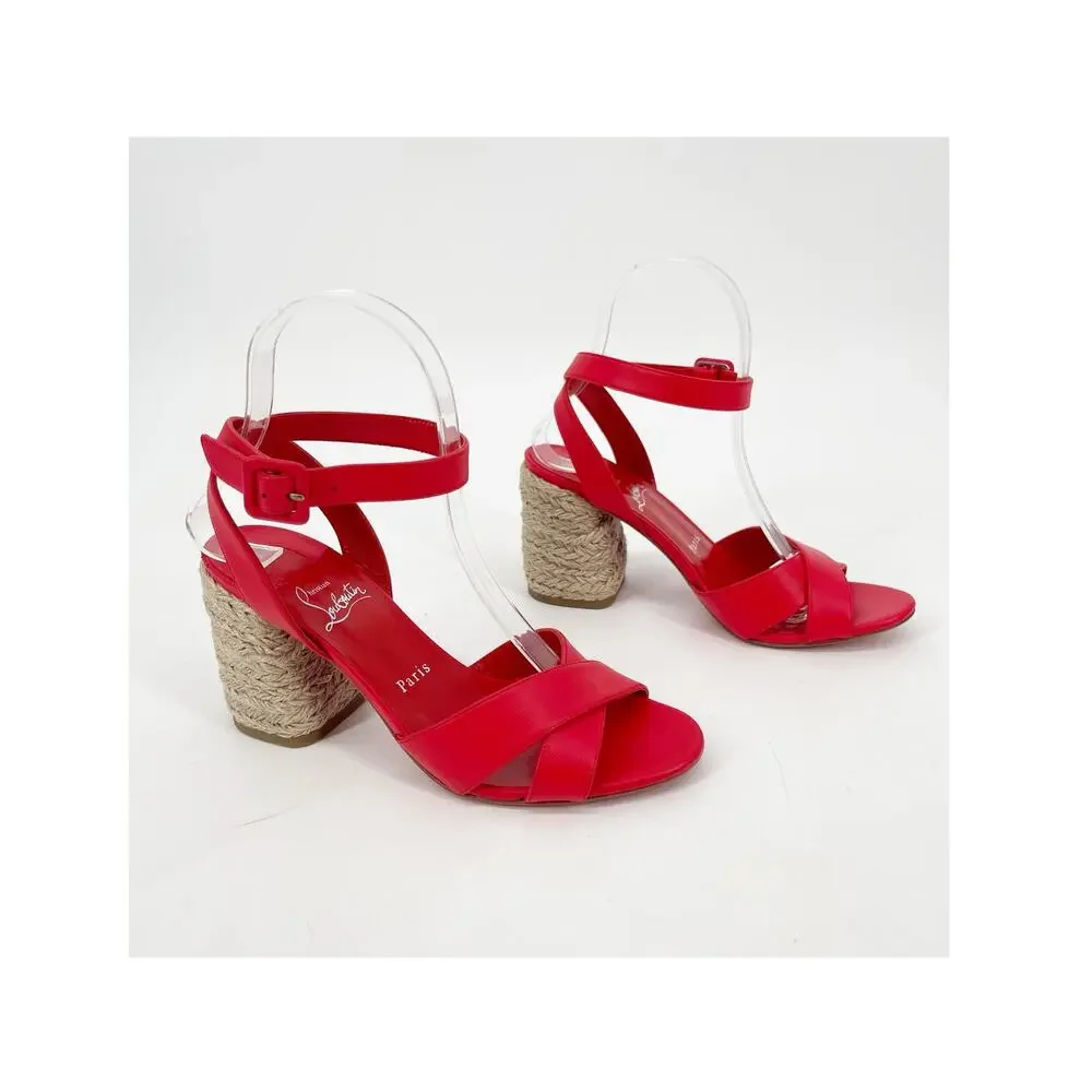 Christian Louboutin Summer Mariza 85 Red Leather Espadrilles Heels Sandals EU 37